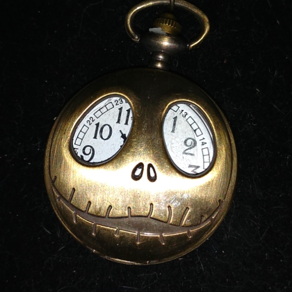 Brushed Gold Tone Nightmare Before Christmas Jack Skeleton Pocket Watch & Chain
